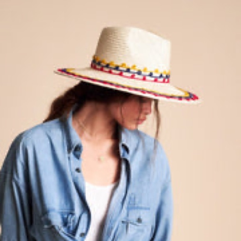 Brixton JOANNA HAT straw hat with custom yarn-embroidered art on top and bottom